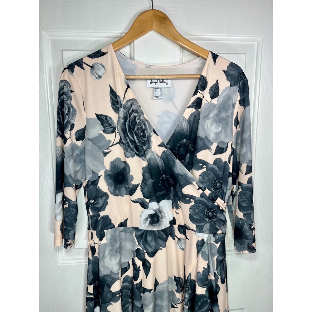 Joseph Ribkoff Dress Women 12 Blush Grey Floral Faux Wrap Midi 3/4 Sleeve - Picture 4 of 9